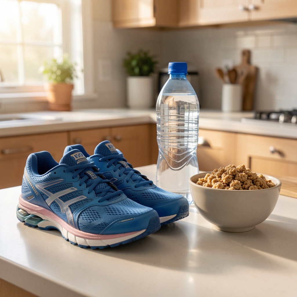 Running shoes placed beside a water bottle and a bowl of whole-grain breakfast, morning light on kitchen counter
